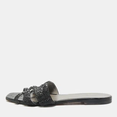 Gina Black Satin Crystal Embellished Loren Flat Slide Sandals
