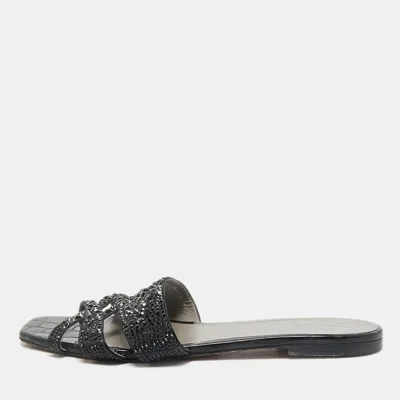 Pre-owned Gina Black Satin Crystal Embellished Loren Flat Slide Sandals Size 41