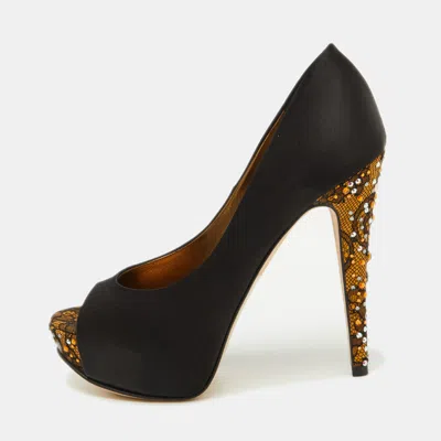 Pre-owned Gina Black Satin Crystal Embellished Peep Toe Platform Pumps Size 37