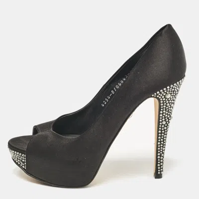 Gina Black Satin Crystal Embellished Peep Toe Pumps