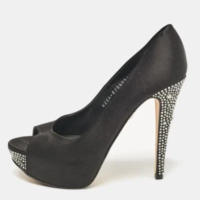 Pre-owned Gina Black Satin Crystal Embellished Peep Toe Pumps Size 37.5