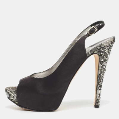 Pre-owned Gina Black Satin Crystal Embellished Platform Slingback Sandals Size 39.5