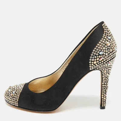 Pre-owned Gina Black Satin Crystals Embellished Pumps Size 36.5