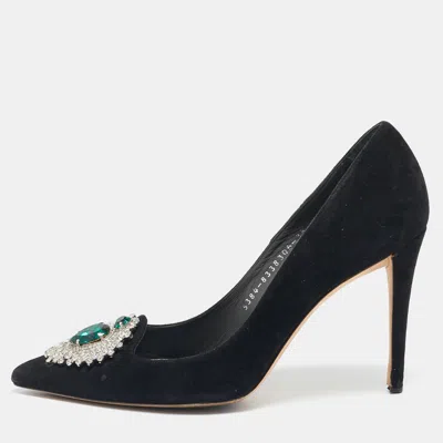 Pre-owned Gina Black Suede Giada Crystal Embellished Pointed Toe Pumps Size 38