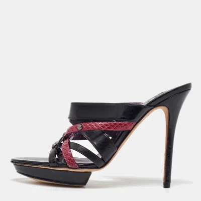 Pre-owned Gina Black/maroon Leather And Snakeskin Strappy Platform Sandals Size 40