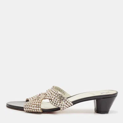 Pre-owned Gina Black/silver Leather Crystal Embellished Slide Sandals Size 40.5