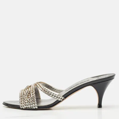 Pre-owned Gina Black/silver Patent And Leather Crystal Embellished Slide Sandals Size 40.5
