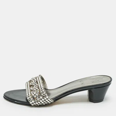 Pre-owned Gina Black//silver Patent Leather Crystal Embellished Slides Sandals Size 36.5