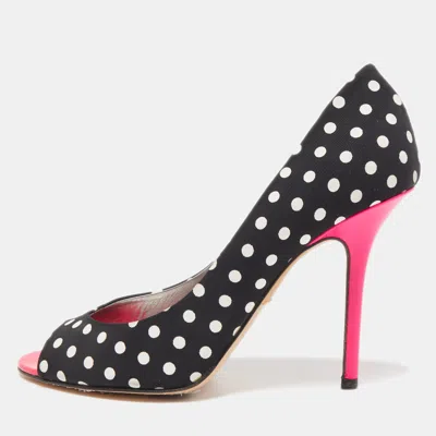Pre-owned Gina Black/white Polka Dot Canvas Peep Toe Pumps Size 40