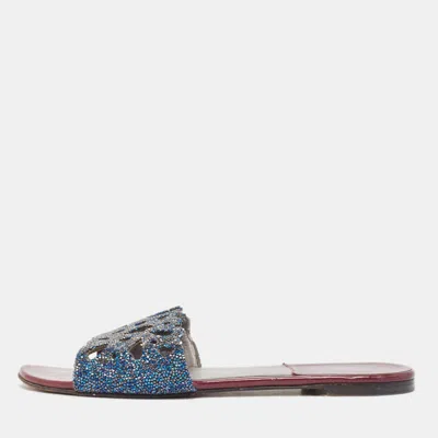 Pre-owned Gina Blue Crystal Embellished Cut Out Flat Slides Size 39.5