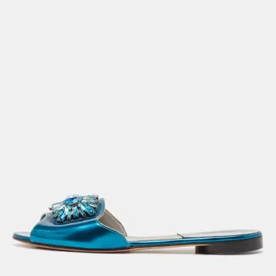 Pre-owned Gina Blue Leather Crystal Embellished Flat Sandals Size 37