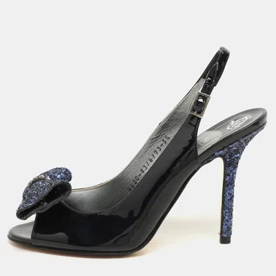 Gina Blue Patent Leather And Glitter Bow Embellished Peep Toe Slingback Pumps In Black