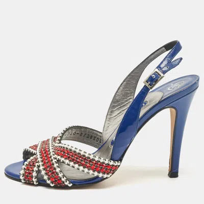 Pre-owned Gina Blue Patent Leather Crystal Embellished Slingback Sandals Size 37