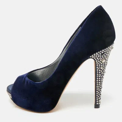 Pre-owned Gina Blue Velvet Jenna Platform Pumps Size 36.5