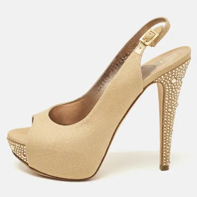 Pre-owned Gina Brown Canvas Crystal Embellished Slingback Pumps Size 37