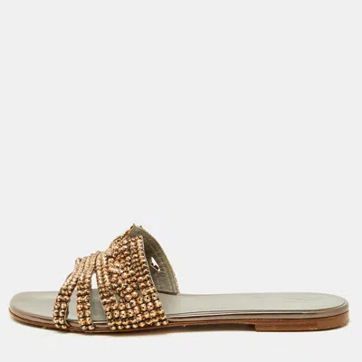 Pre-owned Gina Brown Leather Crystal Embellished Flat Slide Sandals Size 38.5