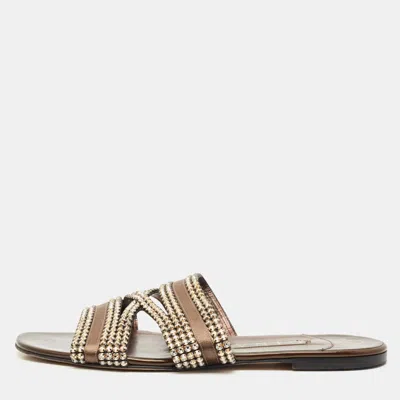 Gina Brown Leather Crystal Embellished Flat Slides