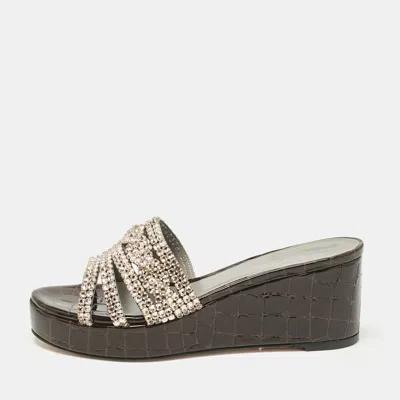Pre-owned Gina Brown Leather Crystal Embellished Phoenix Slide Sandals Size 37