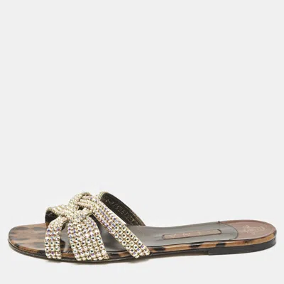 Pre-owned Gina Brown Leopard Print Patent Leather Crystal Embellished Flat Slides Size 41