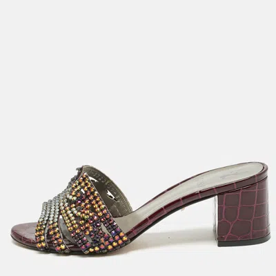 Pre-owned Gina Burgundy Croc Embossed Patent Leather Crystal Embellished Slide Sandals Size 36.5