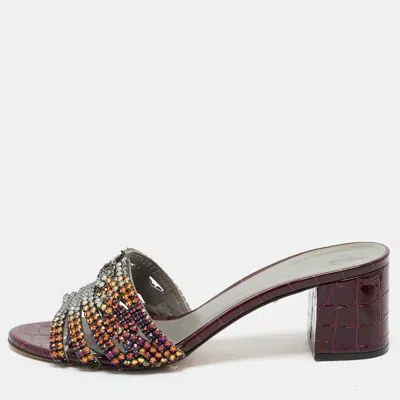 Pre-owned Gina Burgundy Croc Embossed Patent Leather Crystal Embellished Visage Slide Sandals Size 40