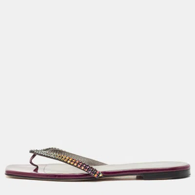 Pre-owned Gina Burgundy Leather Crystal Embellished Thong Flat Slides Size 40.5