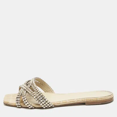 Pre-owned Gina Cream Croc Embossed Patent Leather Portland Slide Flats Size 37.5