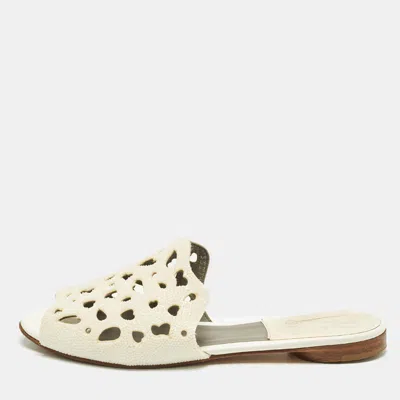 Gina Cream Laser-cut Leather Embellishment Flat Sandals In White