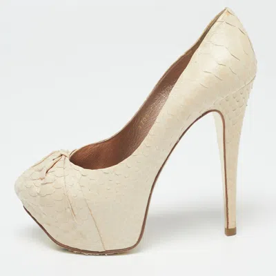 Pre-owned Gina Cream Python Embossed Leather Elle Platform Pumps Size 37.5