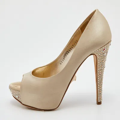Gina Cream Satin Crystal Embellished Heel Open Toe Platform Pumps In Neutral