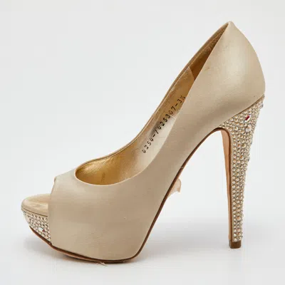 Pre-owned Gina Cream Satin Crystal Embellished Heel Open Toe Platform Pumps Size 36.5