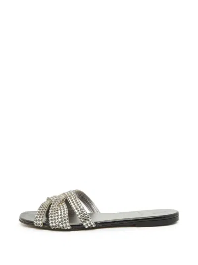 Pre-owned Gina Croc-embossed Crystal-embellished Flat Sandals In Black