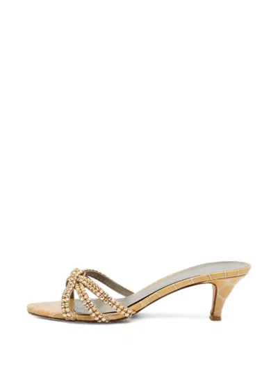 Pre-owned Gina Croc-embossed Crystal-embellished Sandals In Neutrals