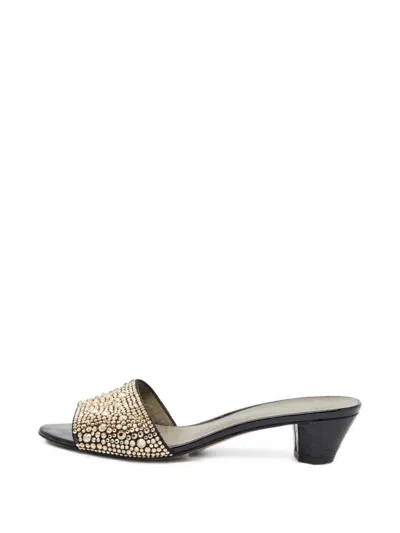 Pre-owned Gina Crocodile-embossed Crystal-embellished Sandals In Gold