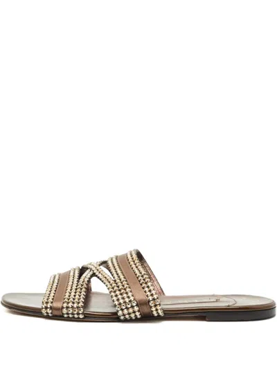 Pre-owned Gina Crystal-embellished Leather Flat Sandals In Brown