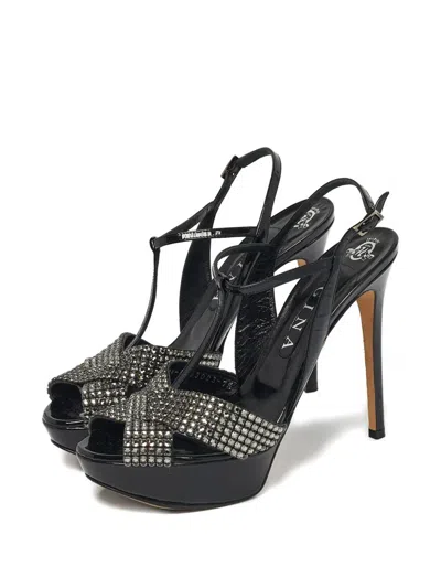 Pre-owned Gina Crystal-embellished Platform Leather Sandals In Black