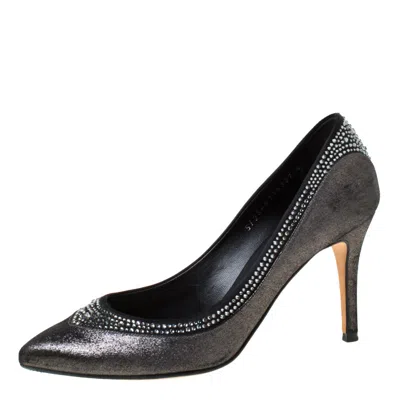 Gina Crystal Embellished Textured Fabric Pointed Toe Pumps In Black