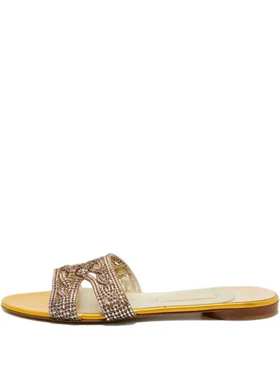 Pre-owned Gina Crystal-embellishment Flat Sandals In Yellow