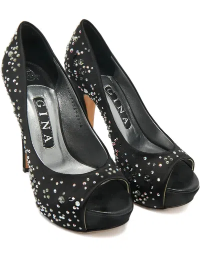 Pre-owned Gina Crystal Open-toe Pumps In Black