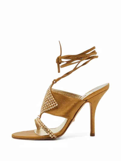 Pre-owned Gina Crystal-embellished Ankle-tie Sandals In Gold