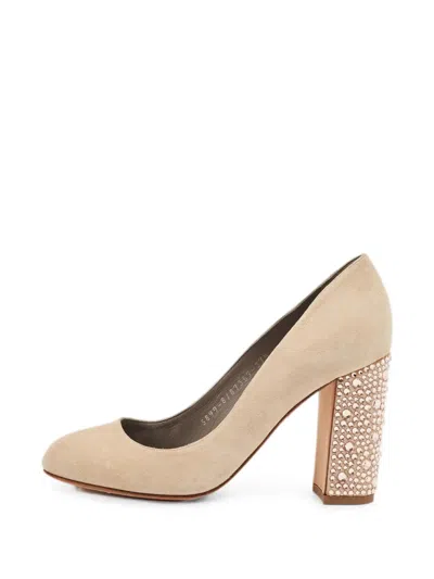 Pre-owned Gina Crystal-embellished Block-heel Pumps In Neutral