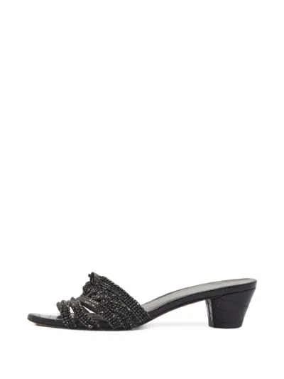 Pre-owned Gina Crystal-embellished Croc-embossed Sandals In Black