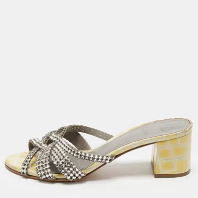 Pre-owned Gina Crystal-embellished Croc-embossed Sandals In Yellow