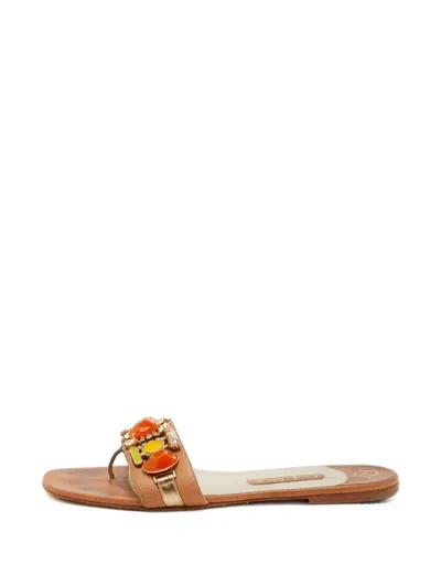 Pre-owned Gina Crystal-embellished Flat Sandals In Brown