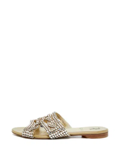 Pre-owned Gina Crystal-embellished Flat Sandals In Gold