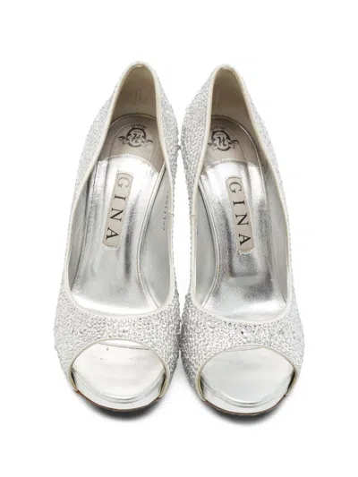 Pre-owned Gina Crystal-embellished Heeled Pumps In Silver