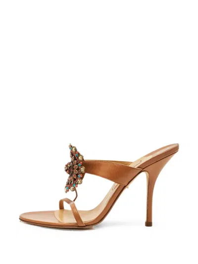 Pre-owned Gina Crystal-embellished Leather Heeled Sandals In Neutral