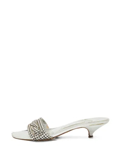 Pre-owned Gina Crystal-embellished Leather Heeled Sandals In Silver