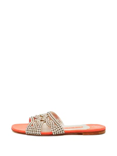 Pre-owned Gina Crystal-embellished Leather Slides In Orange