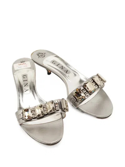 Pre-owned Gina Crystal-embellished Slide Sandals In Silver